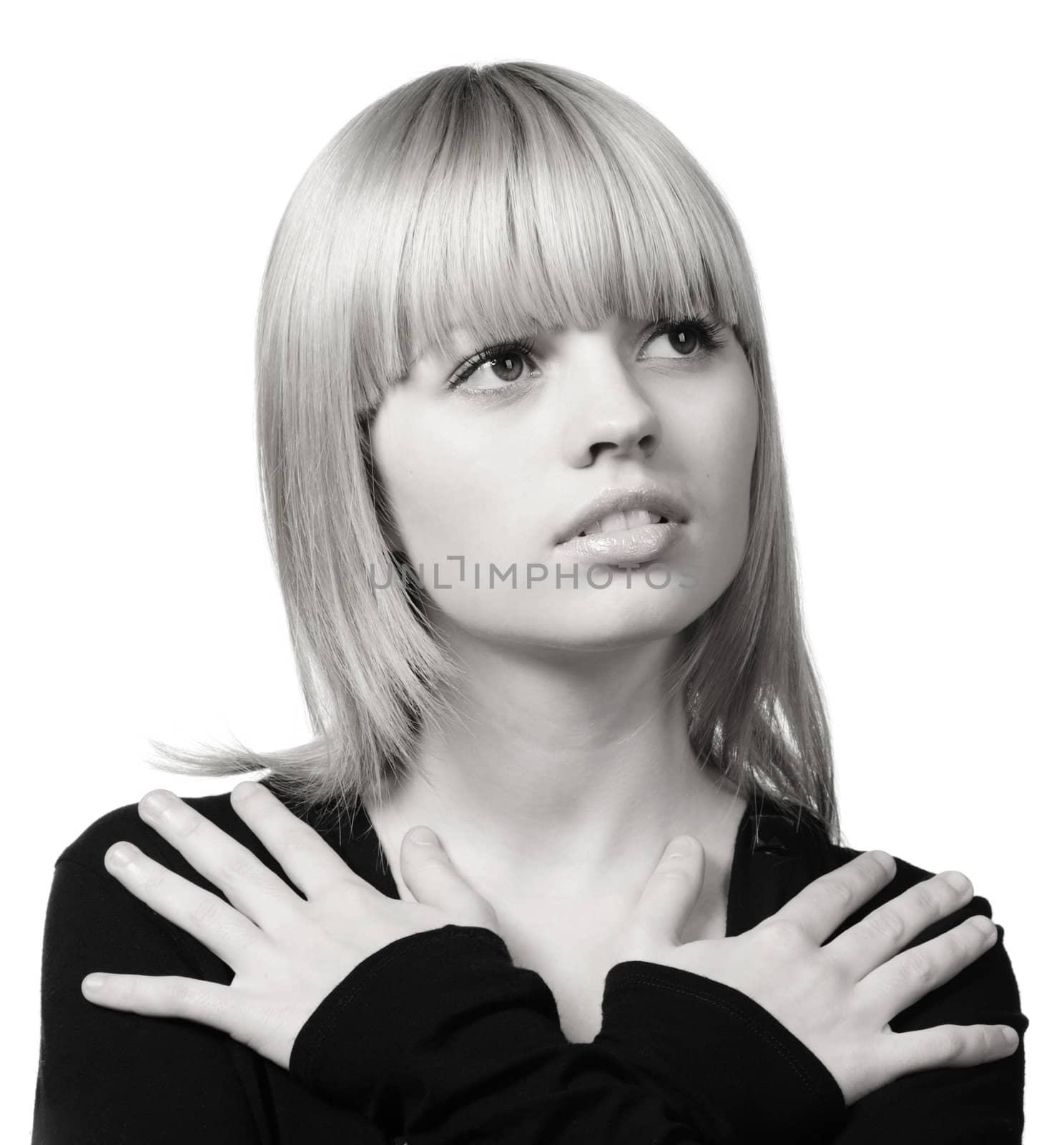 The girl with hair of "wheaten" color. It is isolated on a white background