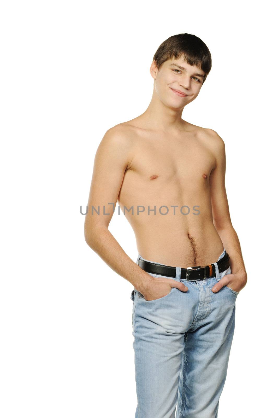 Young the man.Topless . It is isolated on a white background