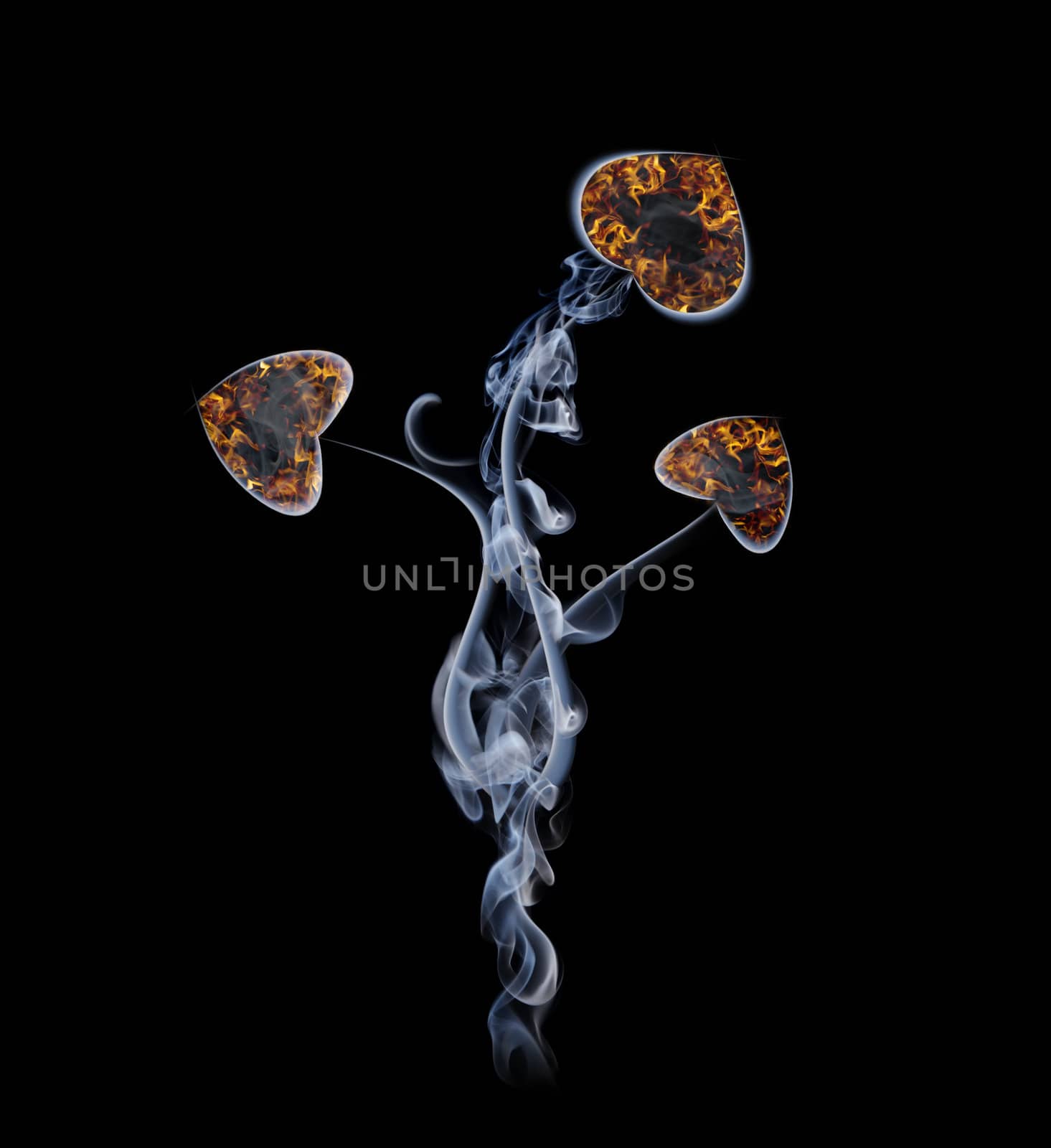 Flower in the form of hearts from a smoke and fire. A collage from fragments of a smoke on a black background