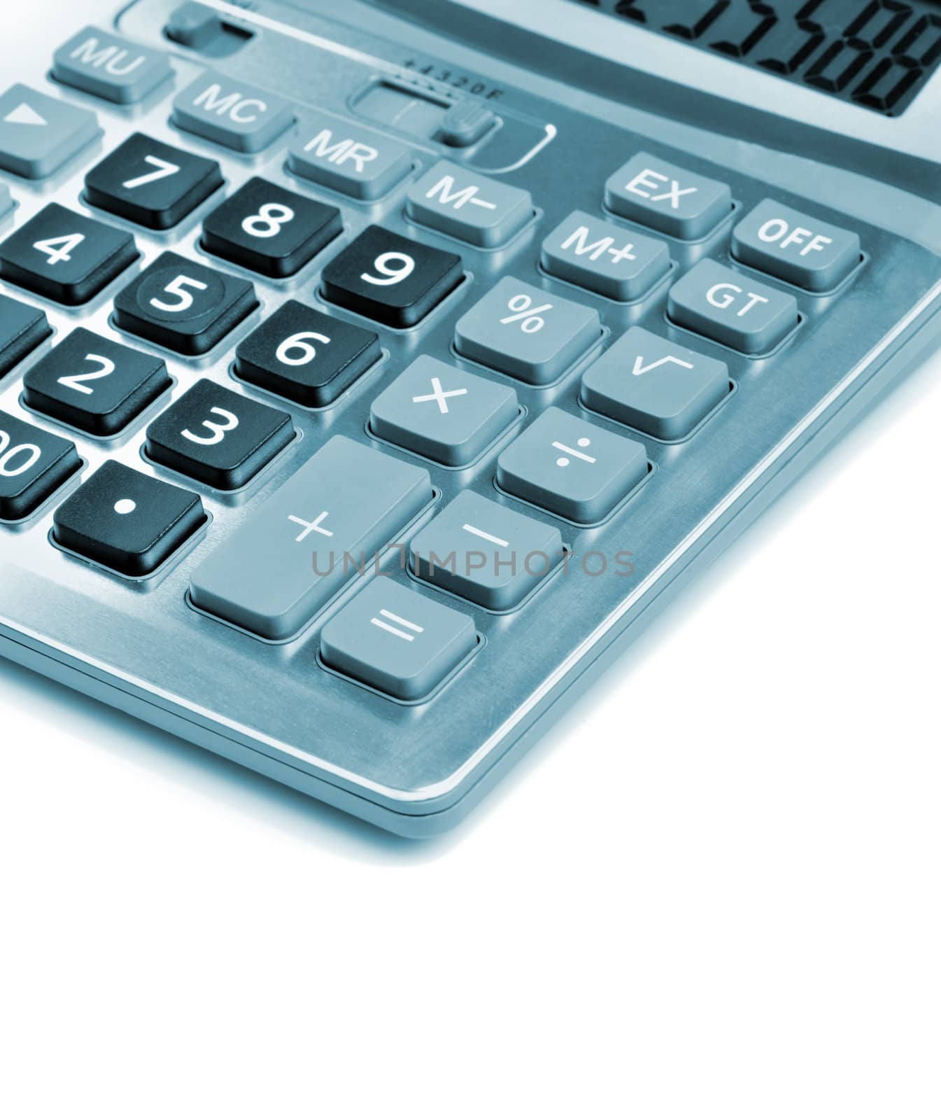 The calculator. It is isolated on a white background. Blue tone