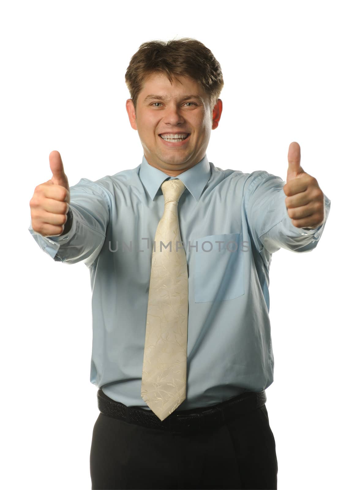 The young businessman with approving gesture. With the lifted greater fingers of a hands. It is isolated on a white background