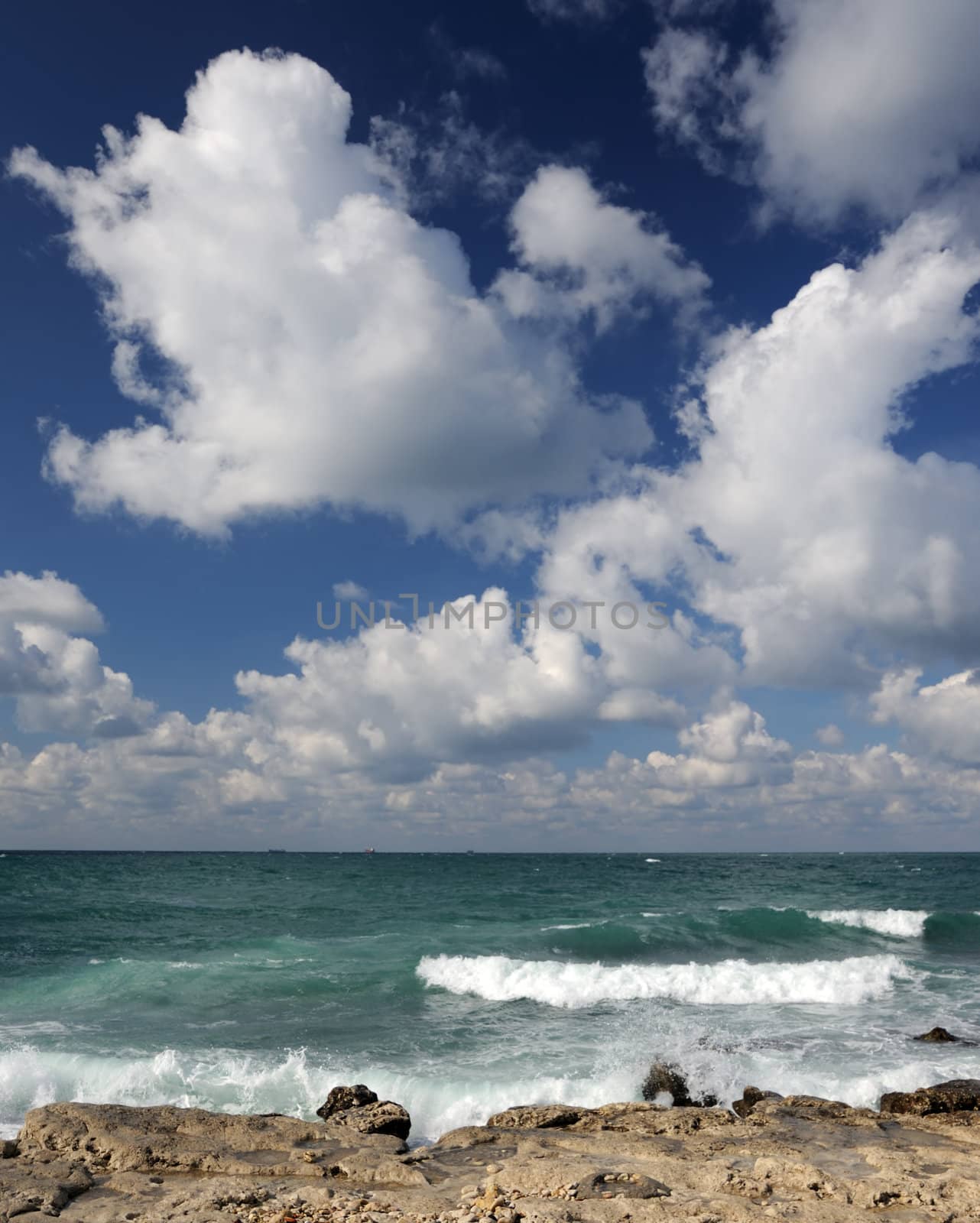 Splash of waves about coastal stones. Crimea, Ukraine