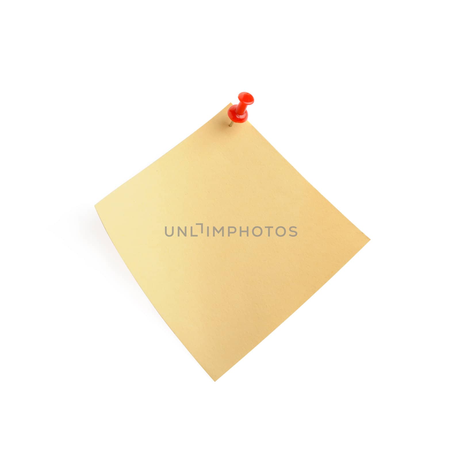 yellow paper note with shadow. It is attached red pin on a white background