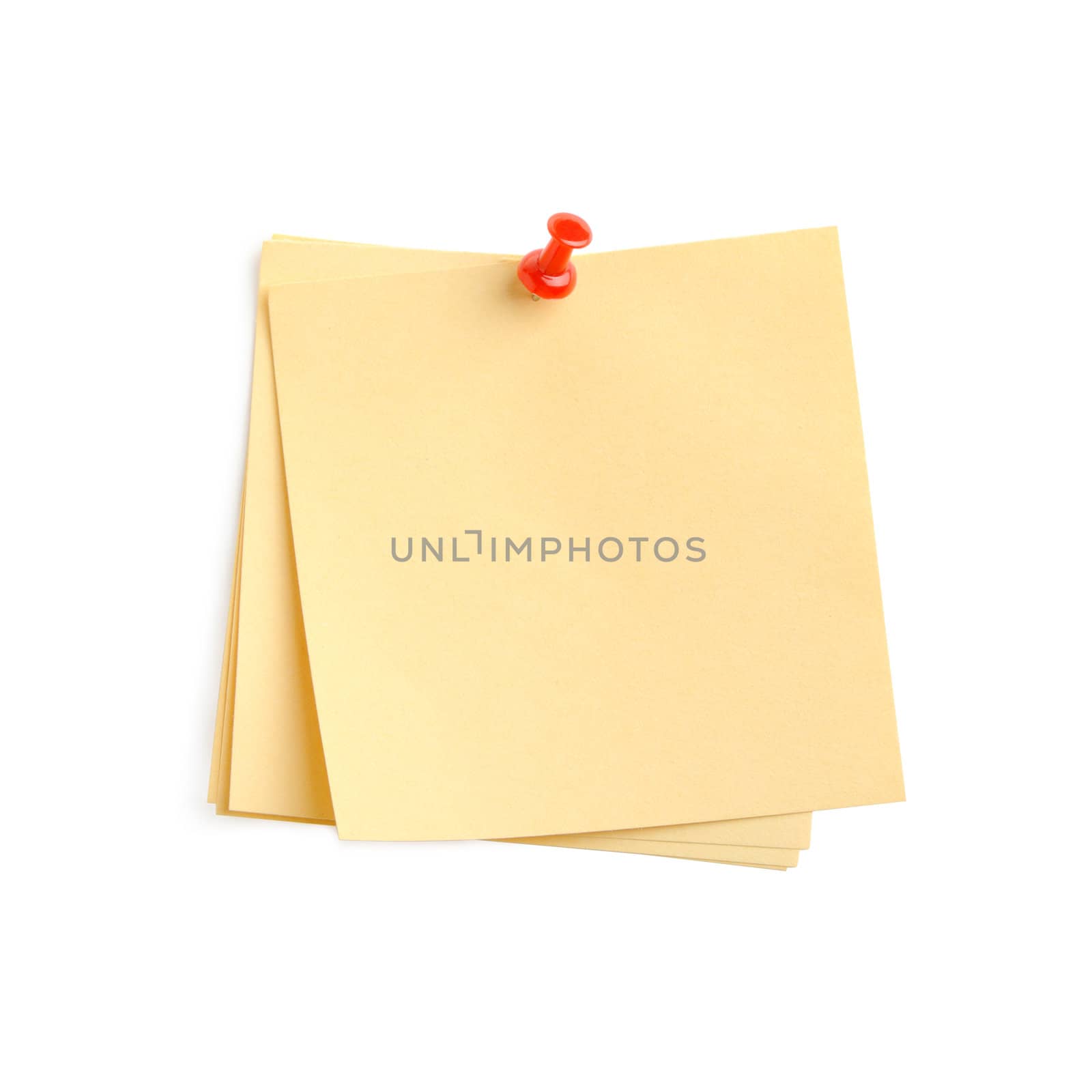 yellow paper note with red pin. It is attached red pin on a white background