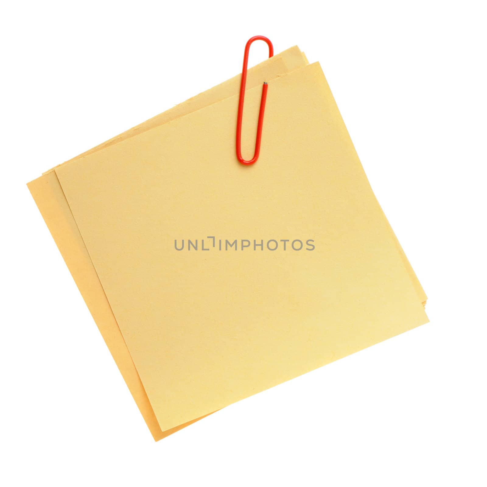 Paper note. It is attached red pin on a white background