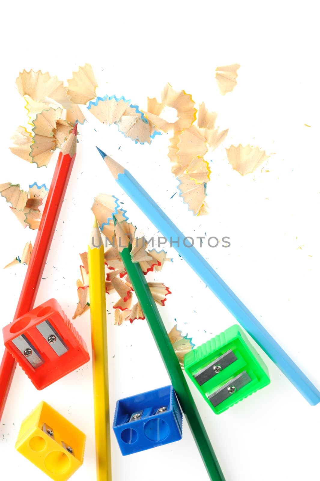 Color pencil and sharpener with a shaving. It is isolated on a white background