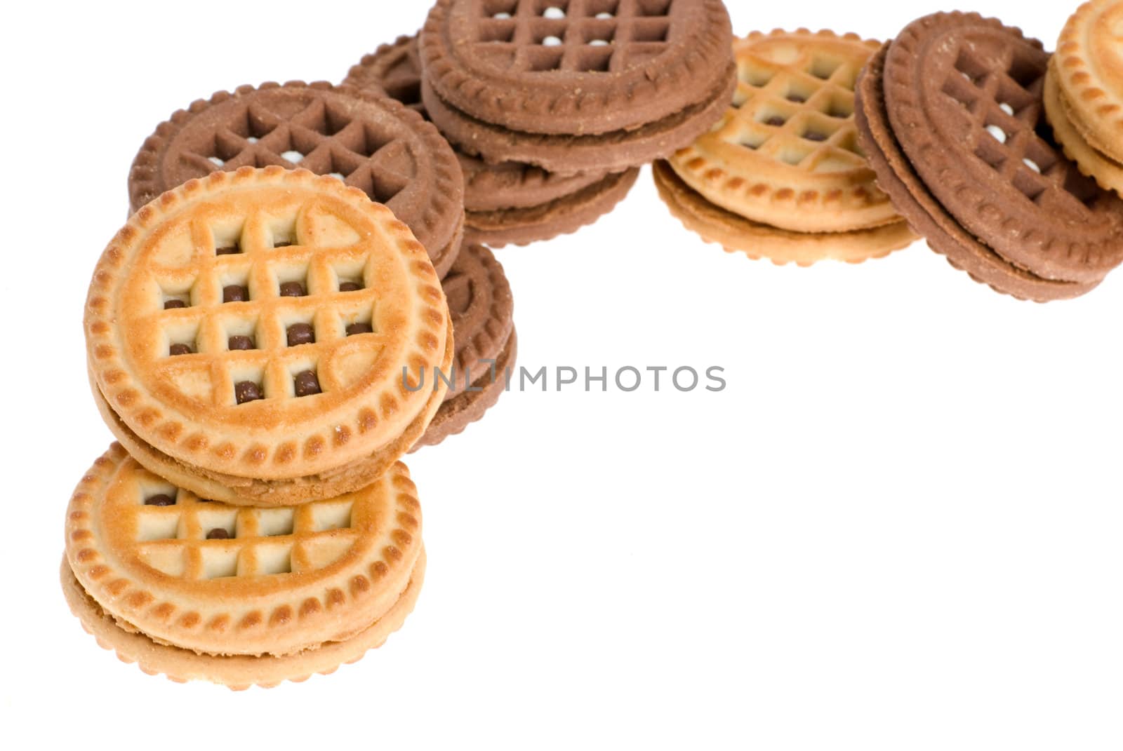 Cookies. A sweet, bakery product. Brown and white
