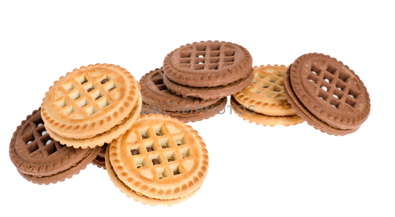 Cookies. A sweet, bakery product. Brown and white