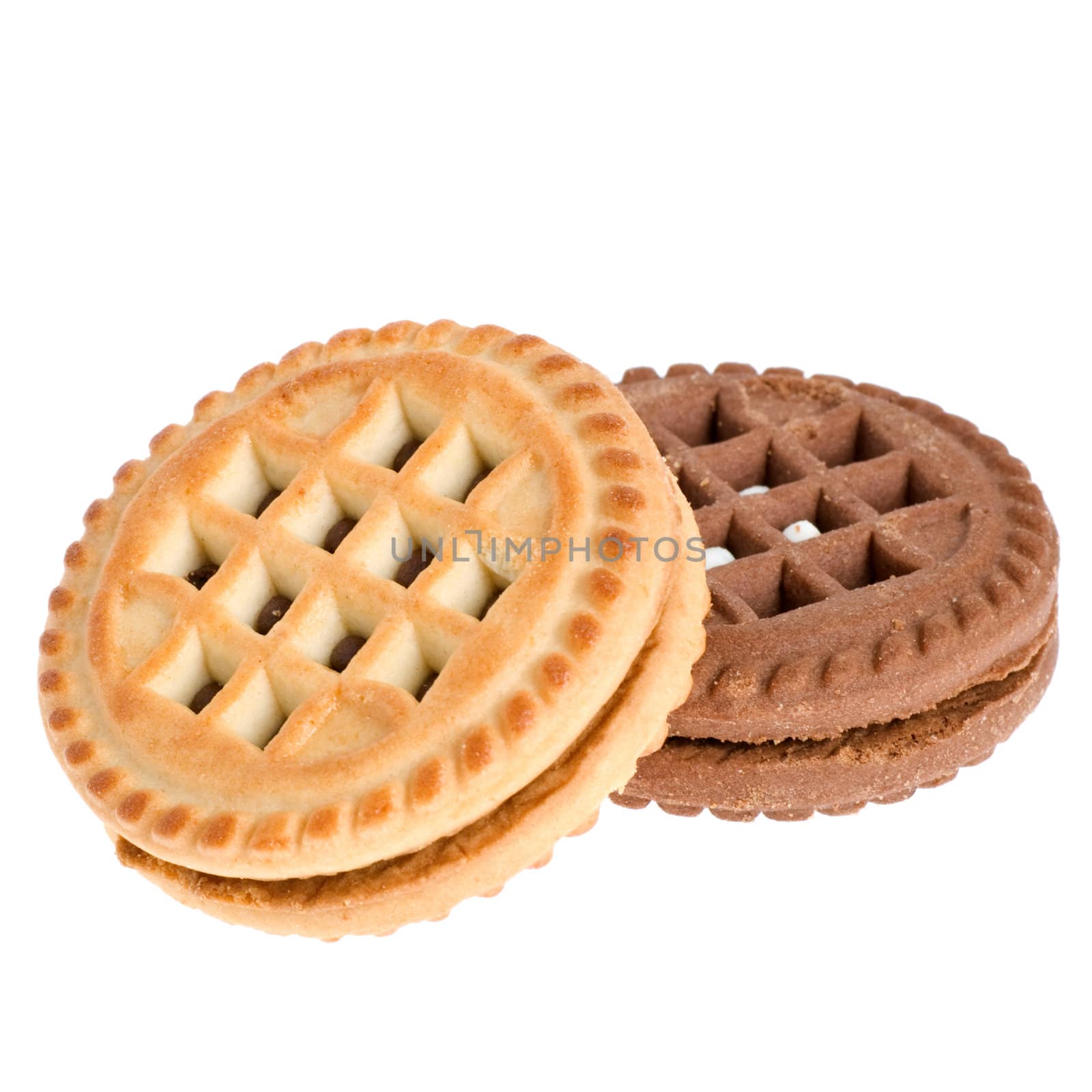 Cookies. A sweet, bakery product. Brown and white