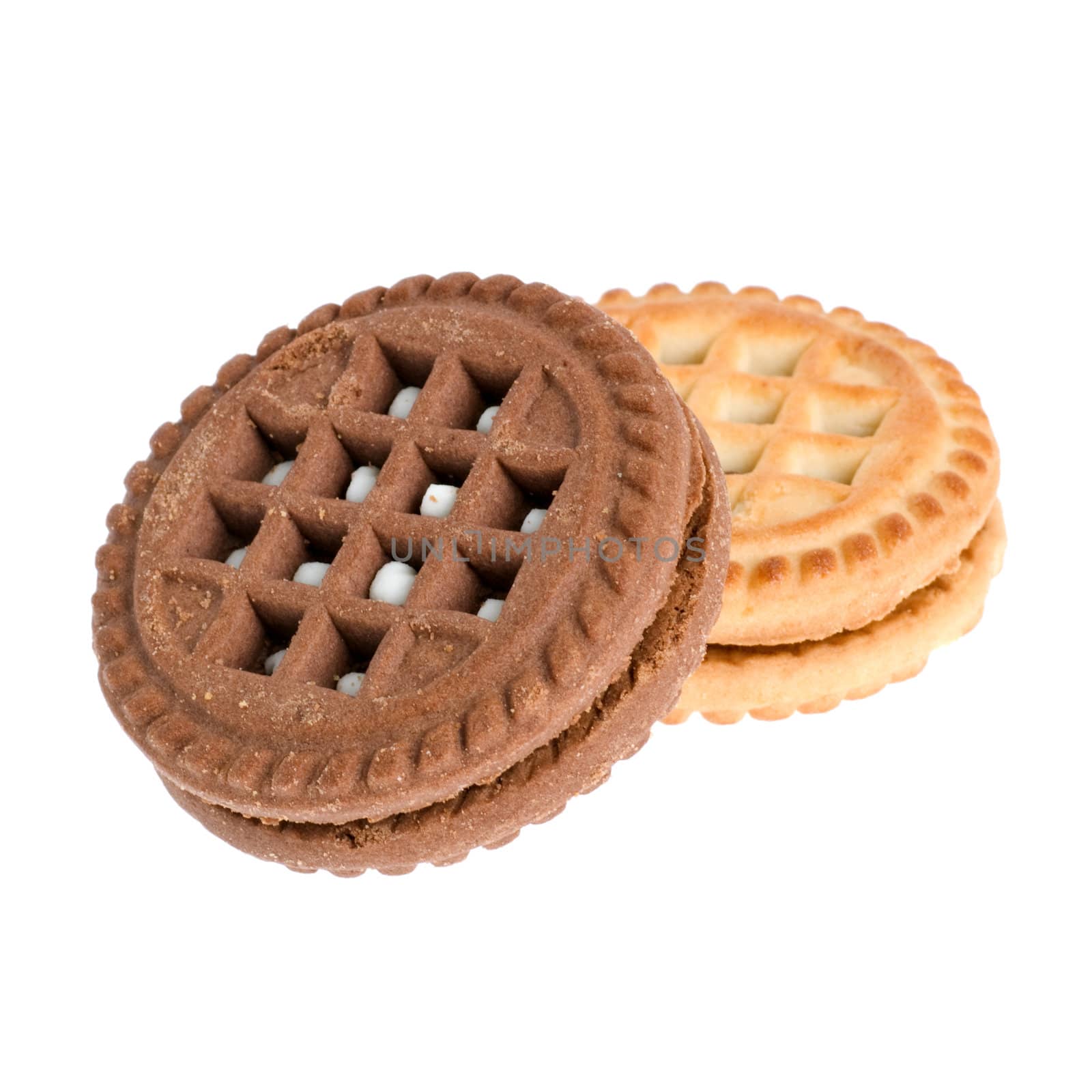 Cookies. A sweet, bakery product. Brown and white