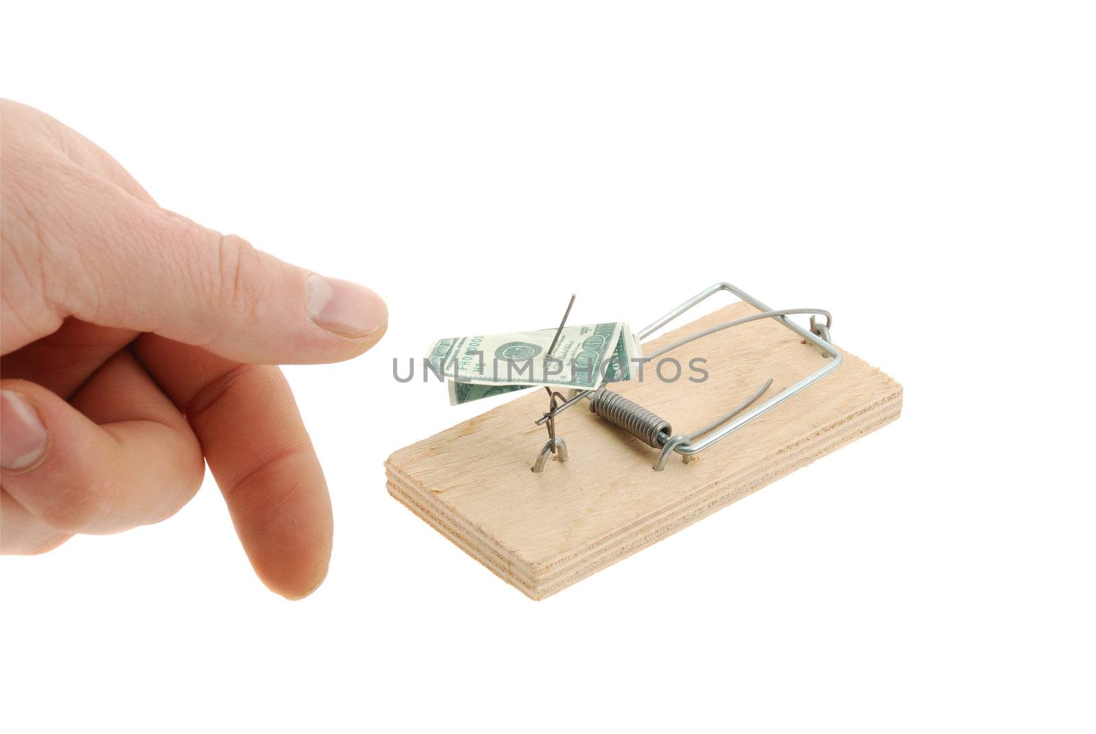 Mousetrap with dollar and hand. The adaptation for catching mice and other fine rodents