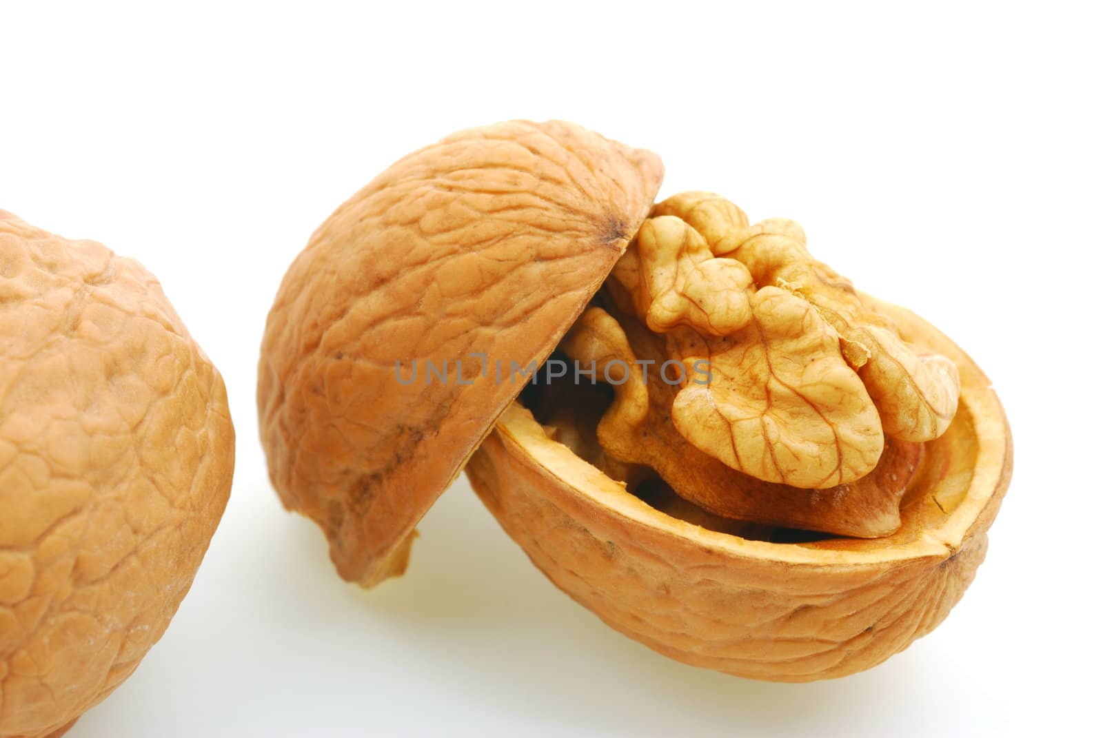 Walnut. It is isolated on the white background, the ripened fruit of a nut tree