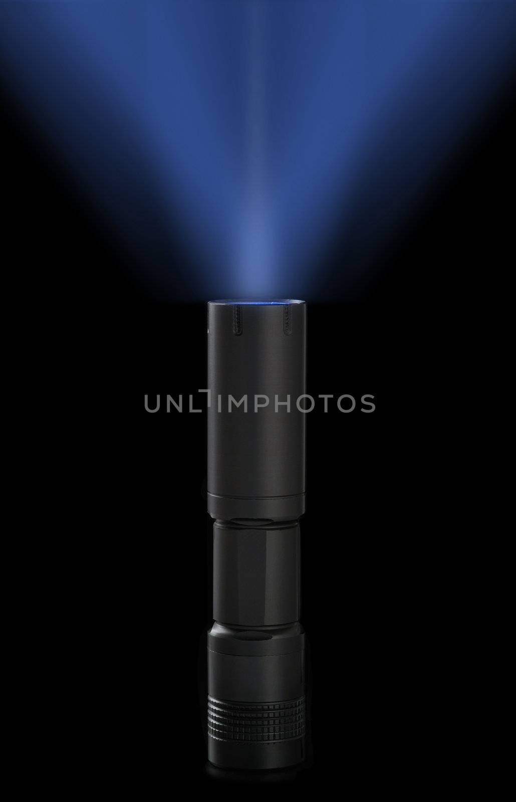 flashlight . A stylish metal lantern with blue light