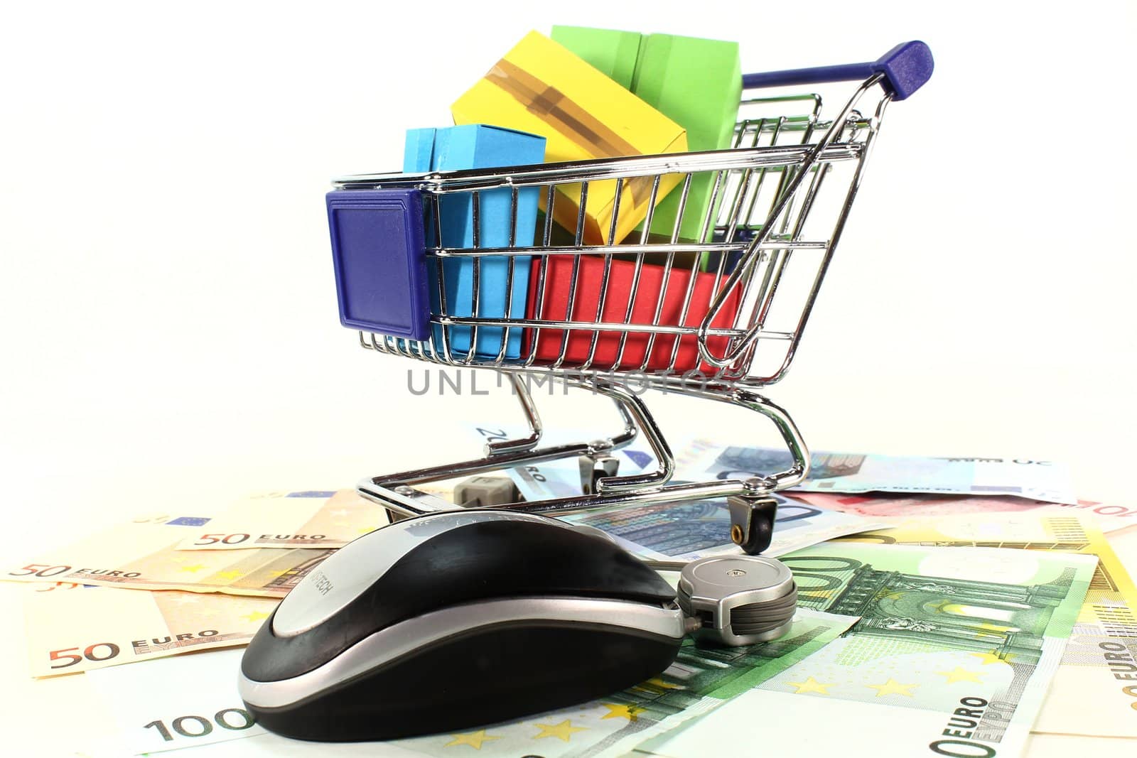 Shopping Cart and Euro notes on a white background