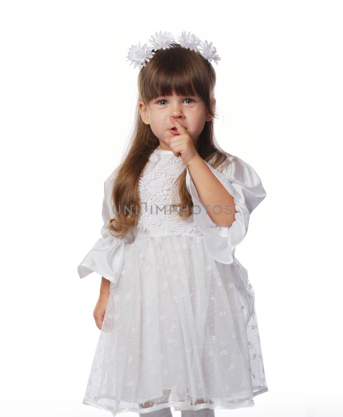 The girl in a white dress. It is isolated on a white background. Age 3 years