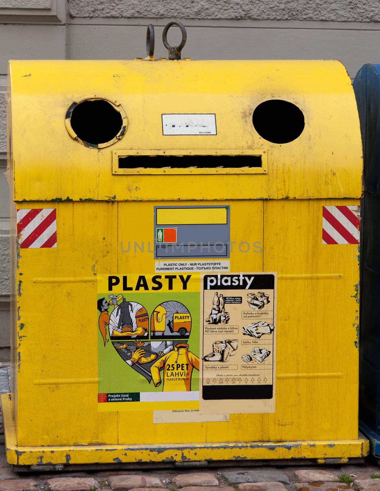 Yellow trash on the streets of Prague in the Czech Republic