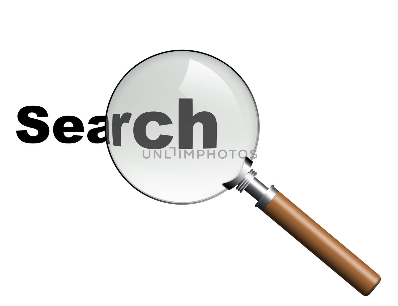 Magnifier. The isolated magnifier on a white background with the wooden handle