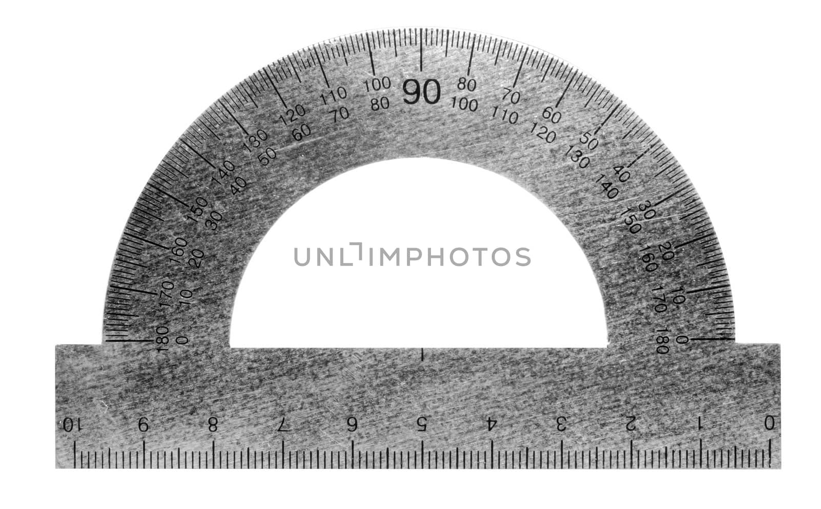 Metal protractor. The mathematical tool, it is isolated on a white background 
