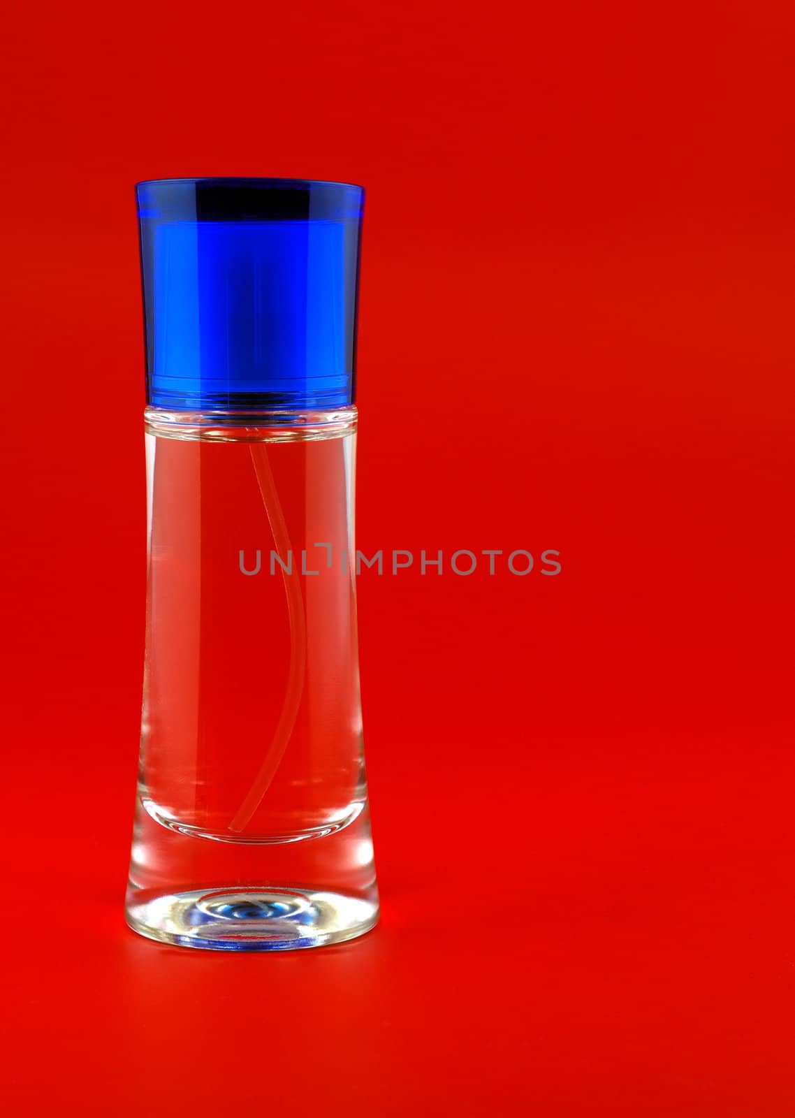 perfume. A bottle perfume on a red background with effective illumination