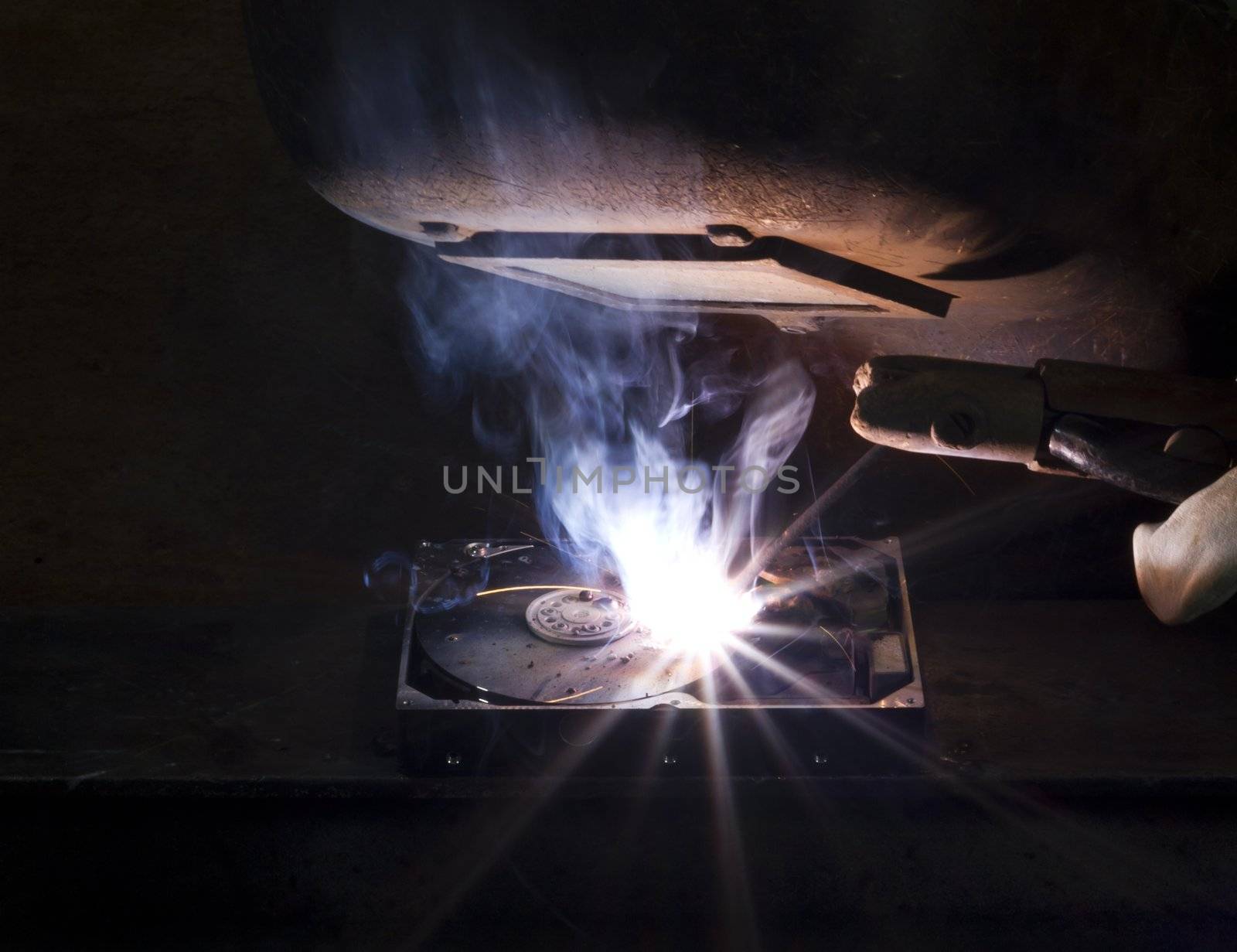 welding on a hard drive with a electrode. Nice light at the welding shield