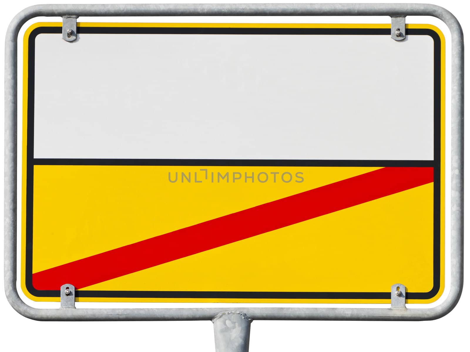 the sign is placed at a border of an town or village. Isolated on white, clipping path included