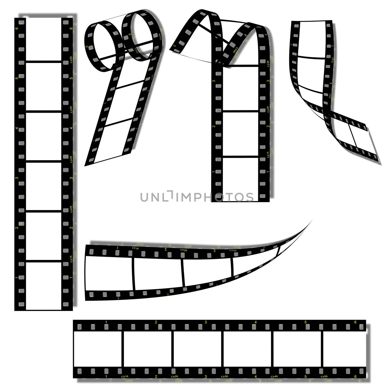 Set of fragments of a film (isolated on a white background with a shadow)