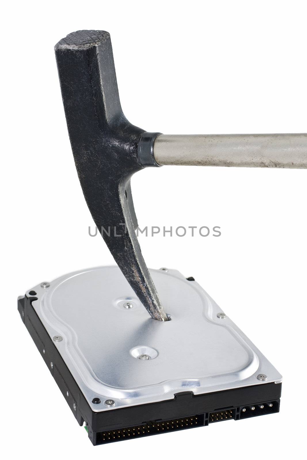 destroyed hard disk drive in white background. Someone used an hammer to "erase" the data