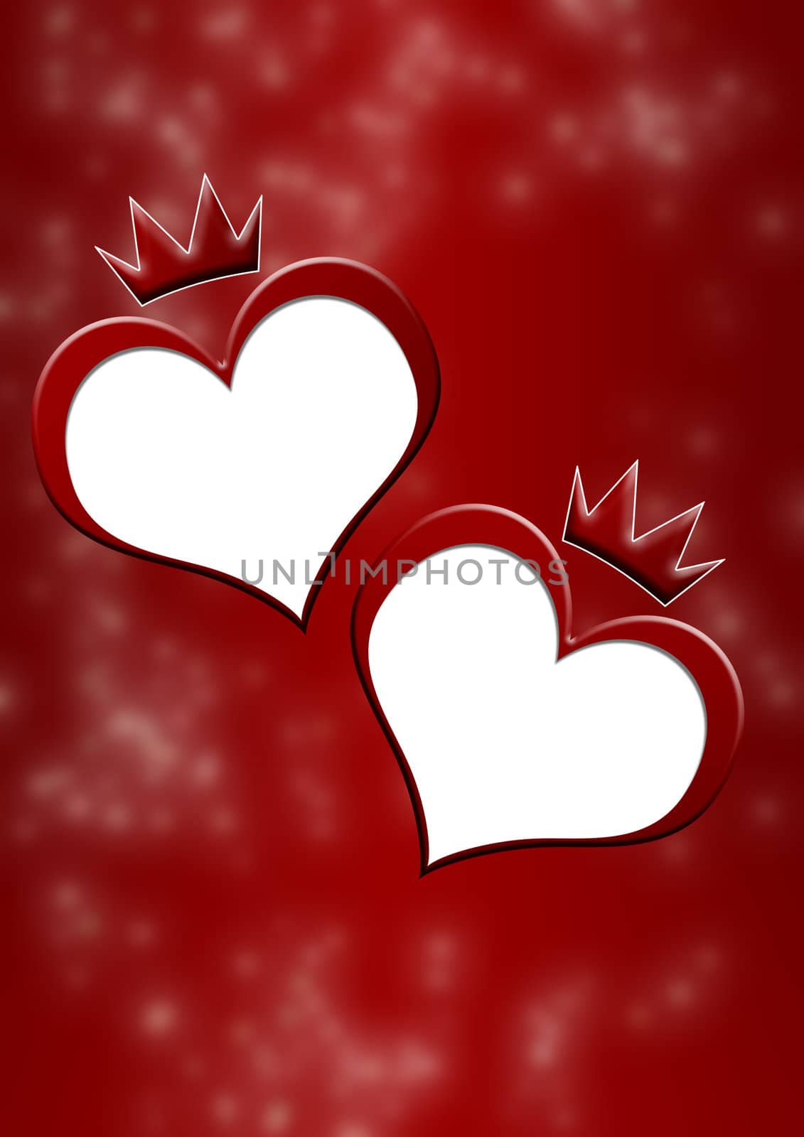 Card to the Valentine's day (Two hearts on the dim background with elements of a crown)