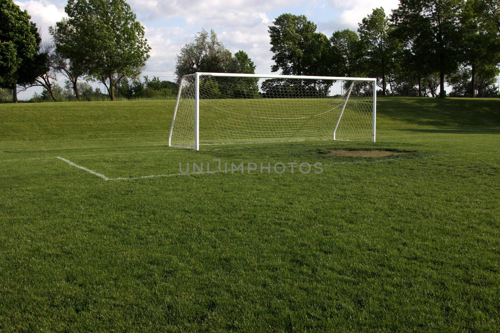 A view of a net on a vacant soccer pitch.
