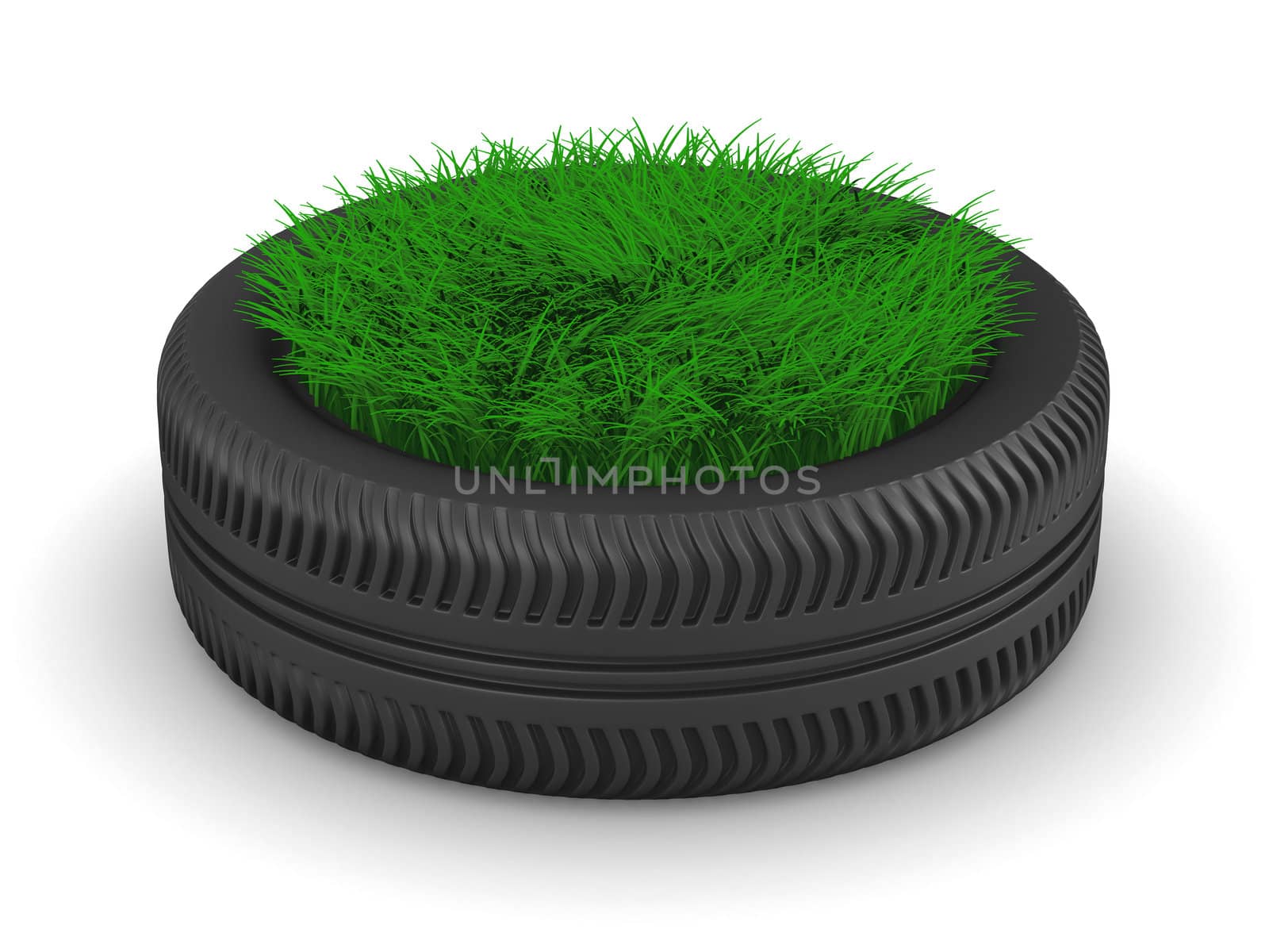tyre with grass on white background. Isolated 3D image