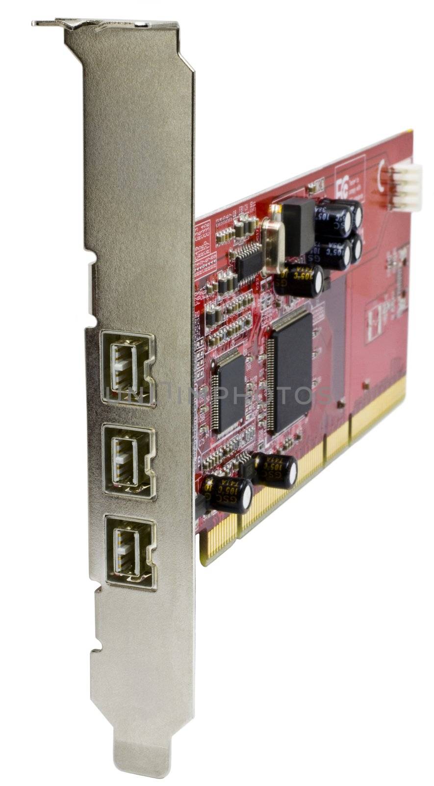 PCI-X Card with three FireWire 800 connectors. White background. The card is used to connect professional audio and video equipment.