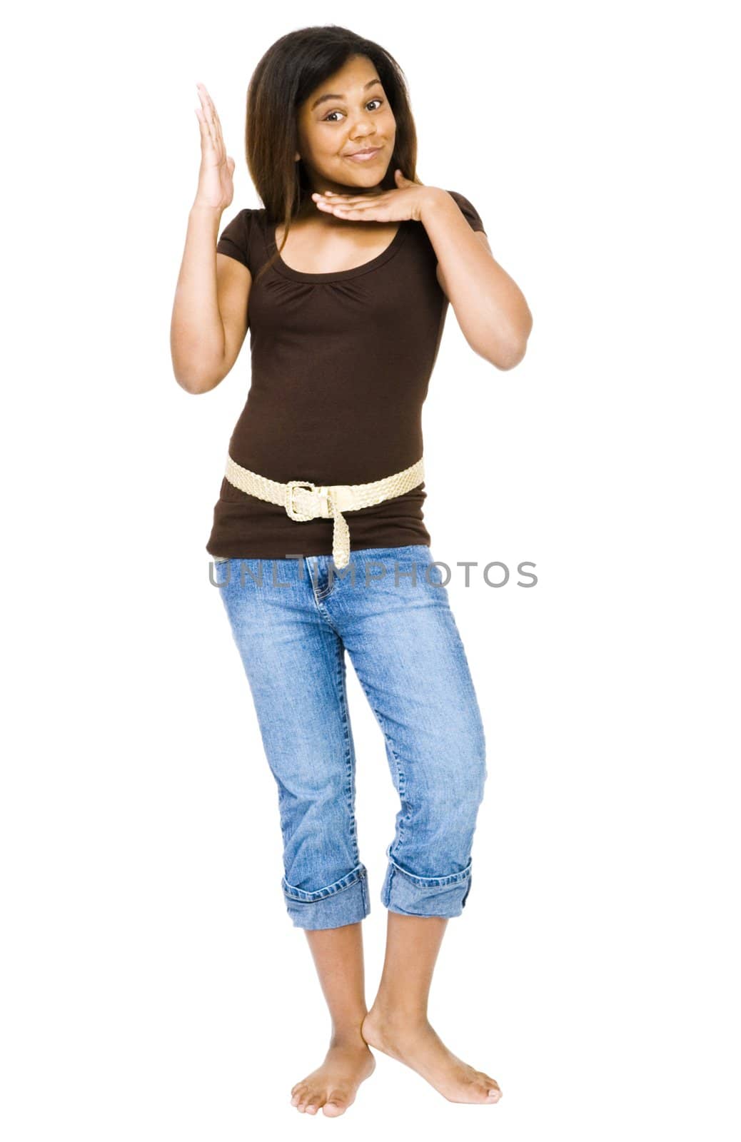 Portrait of a girl posing and gesturing isolated over white