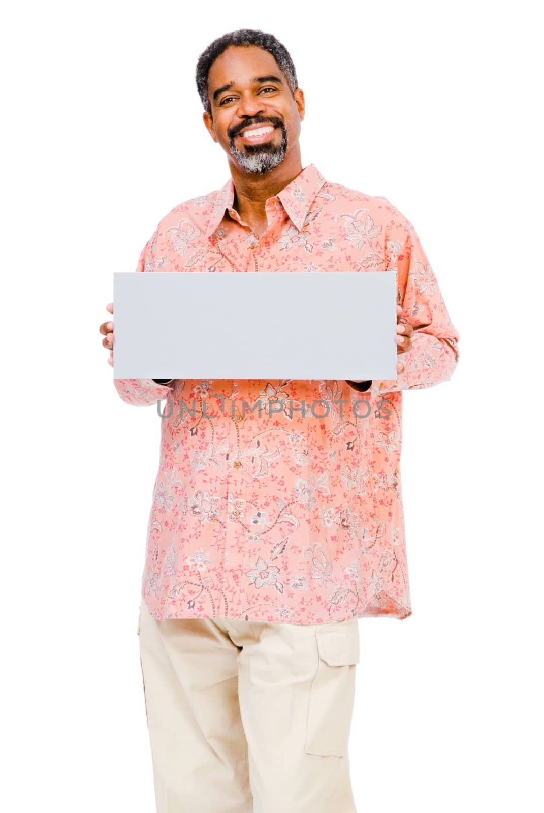 Close-up of a mature man showing a placard isolated over white