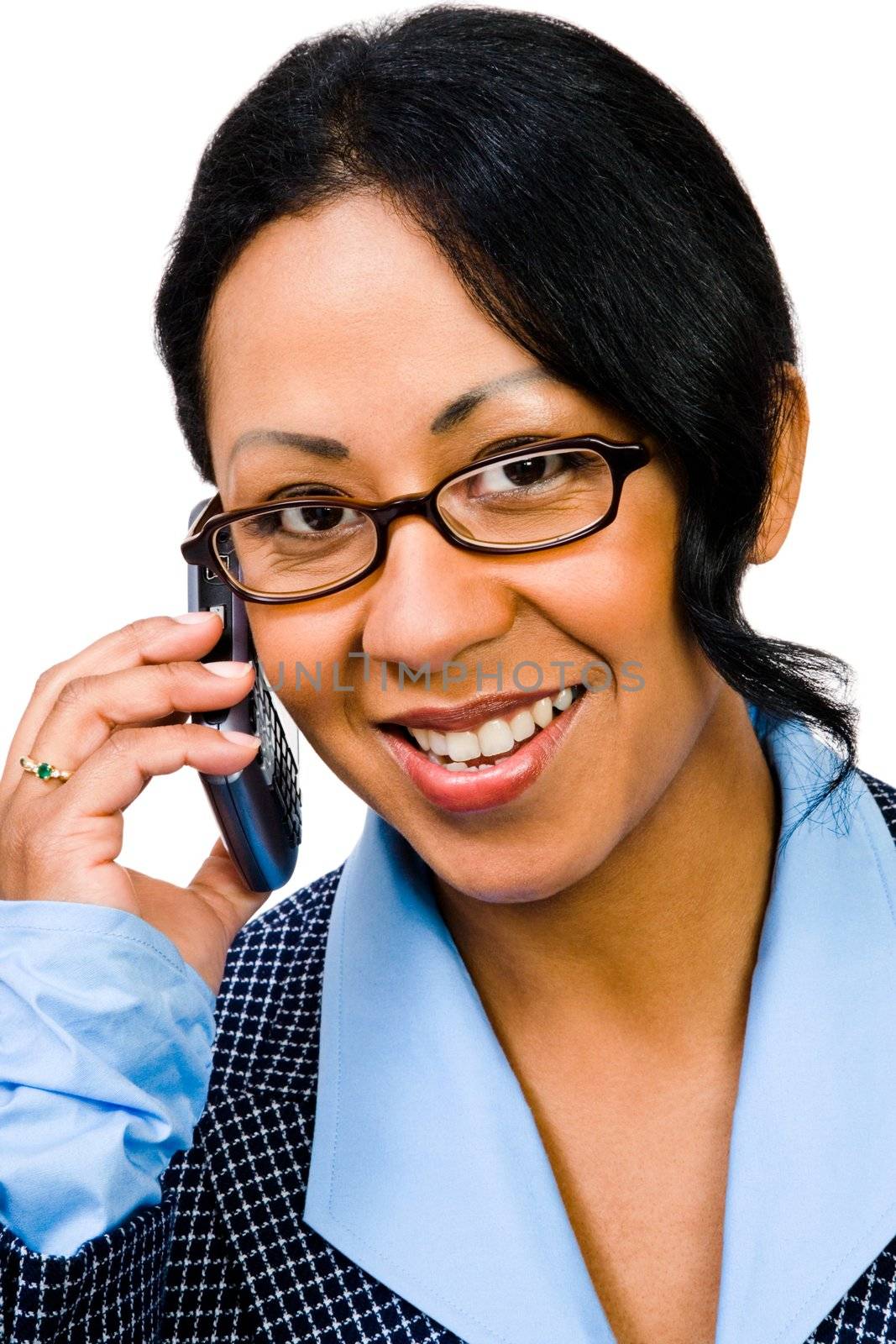 Confident businesswoman talking on a mobile phone isolated over white