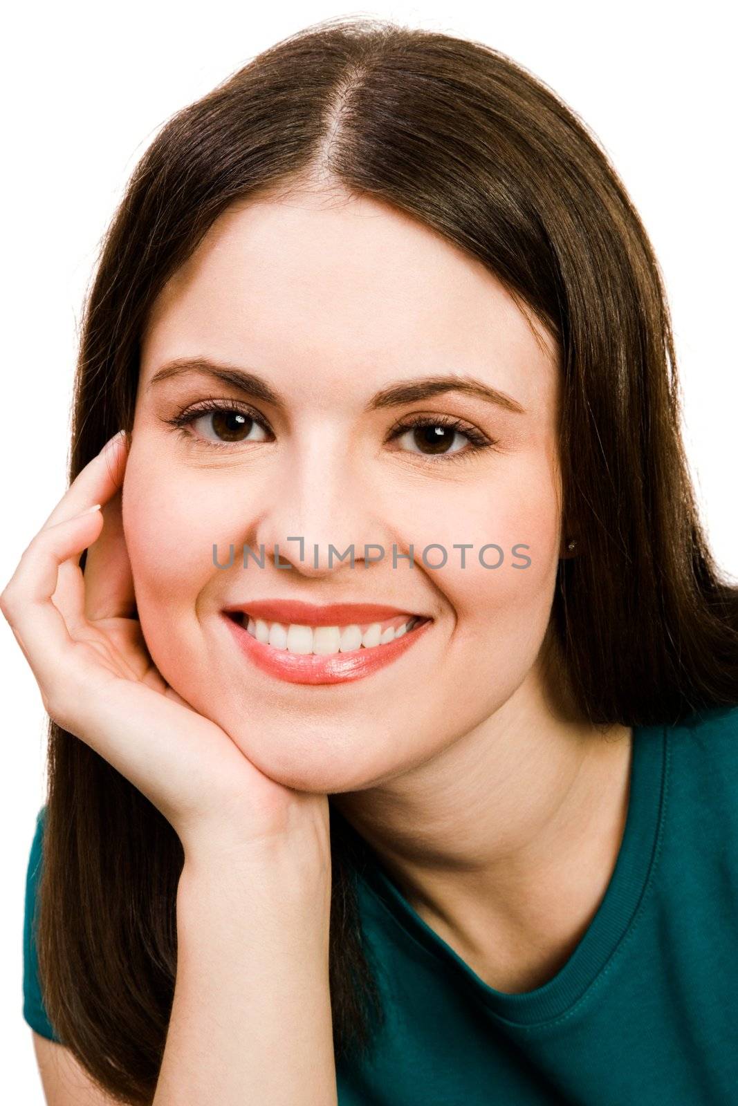 Beautiful young woman smiling isolated over white