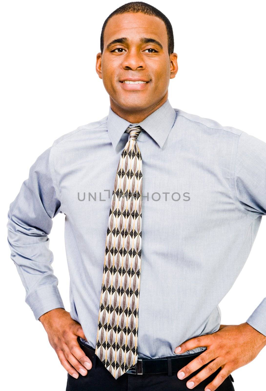 Close-up of a businessman day dreaming and smiling isolated over white
