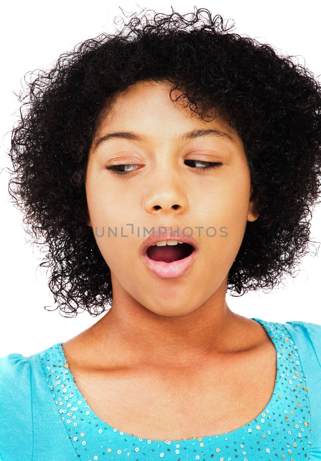 Caucasian teenage girl thinking and posing isolated over white