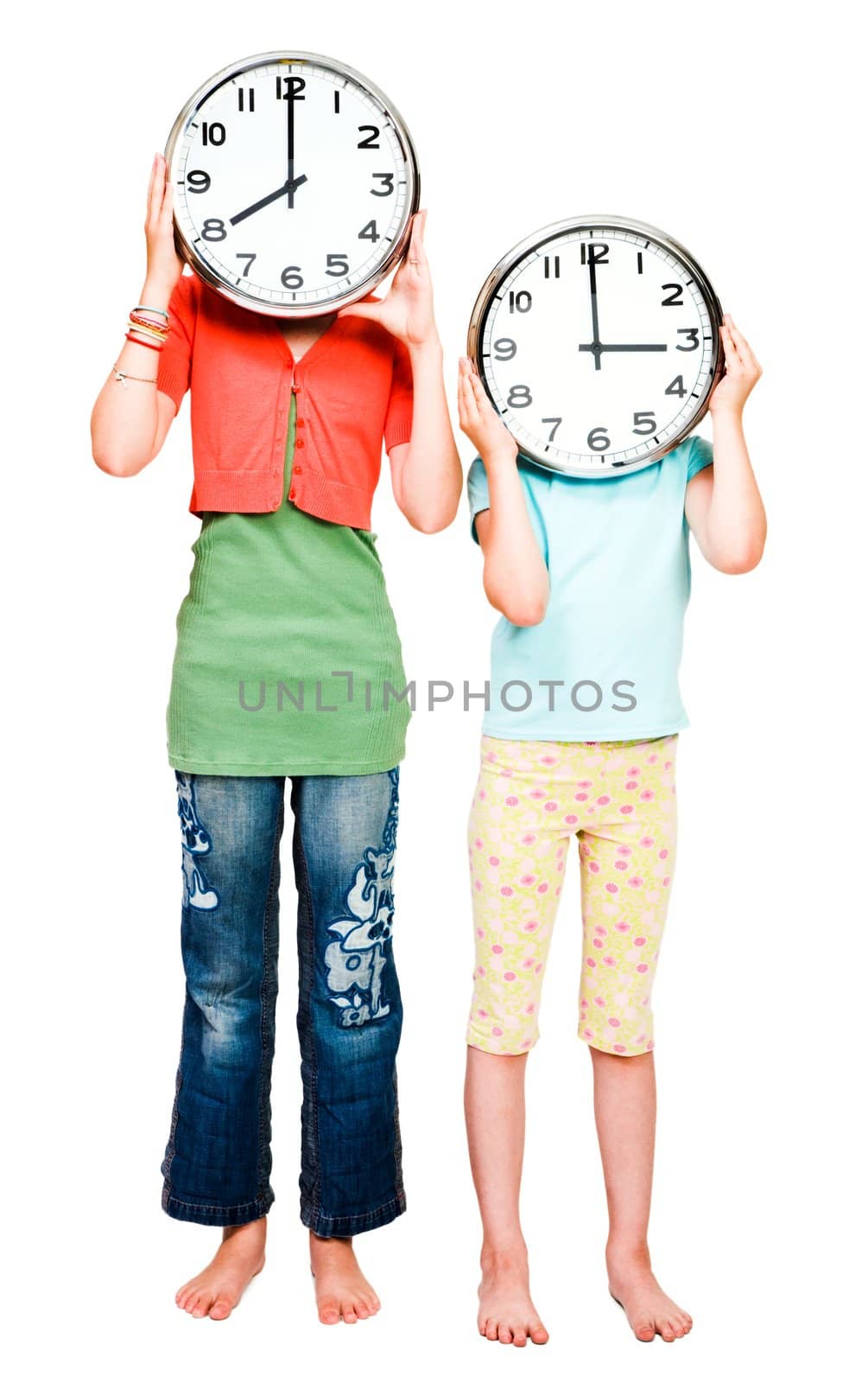 Caucasian girls holding clocks  by jackmicro