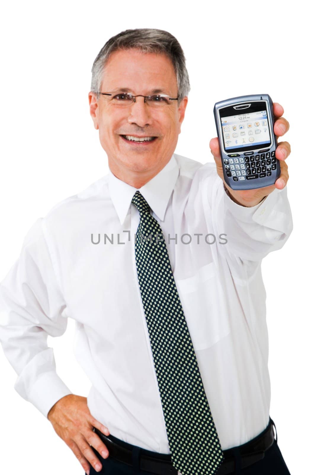 Businessman showing a pda and smiling isolated over white