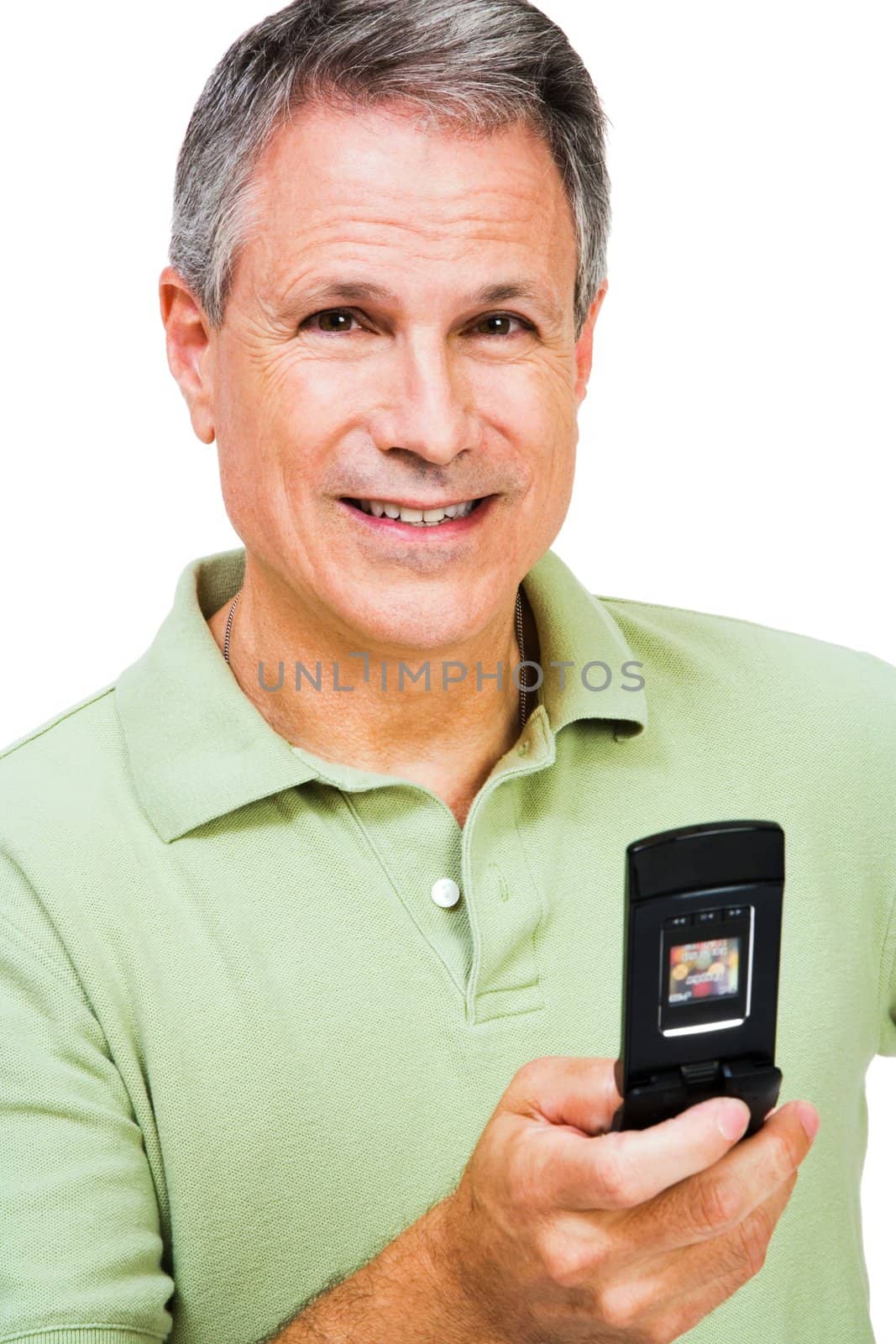 Happy man text messaging on a mobile phone isolated over white