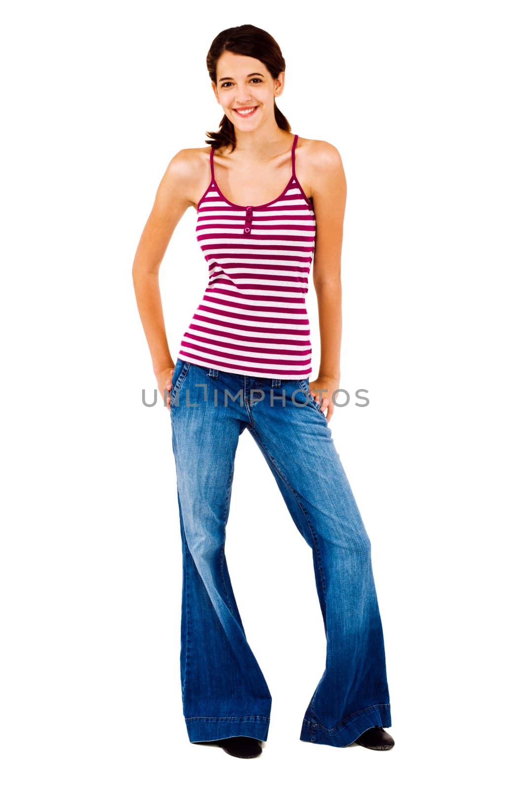 Young woman posing and smiling isolated over white