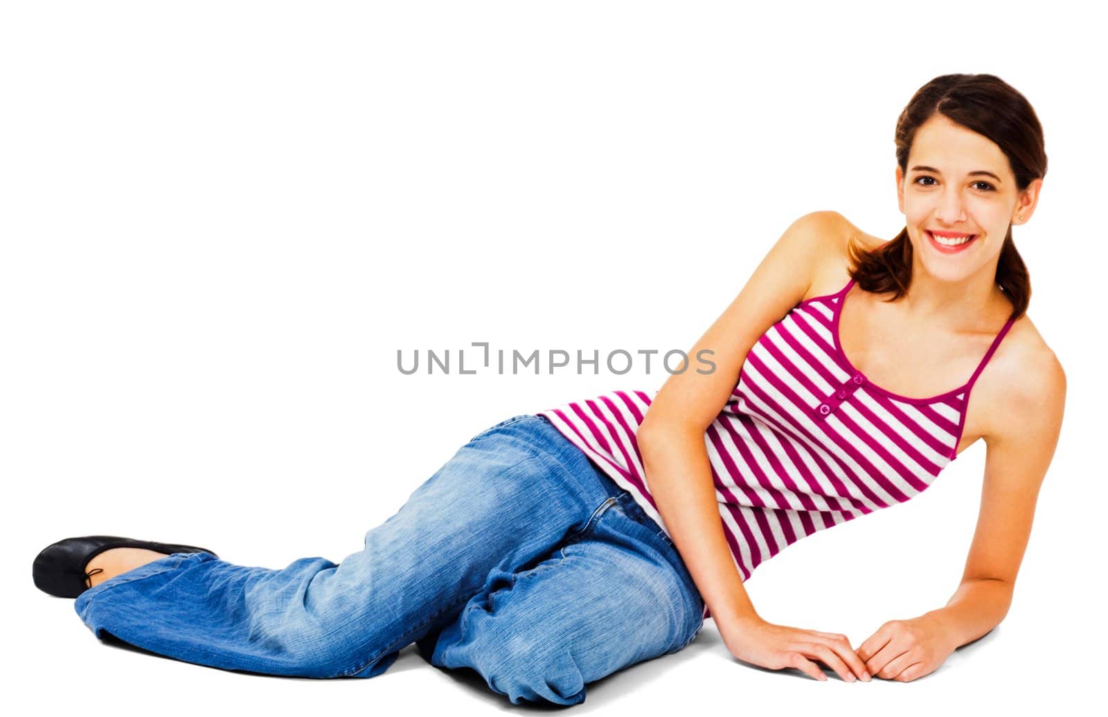 Close-up of a young woman posing and smiling isolated over white