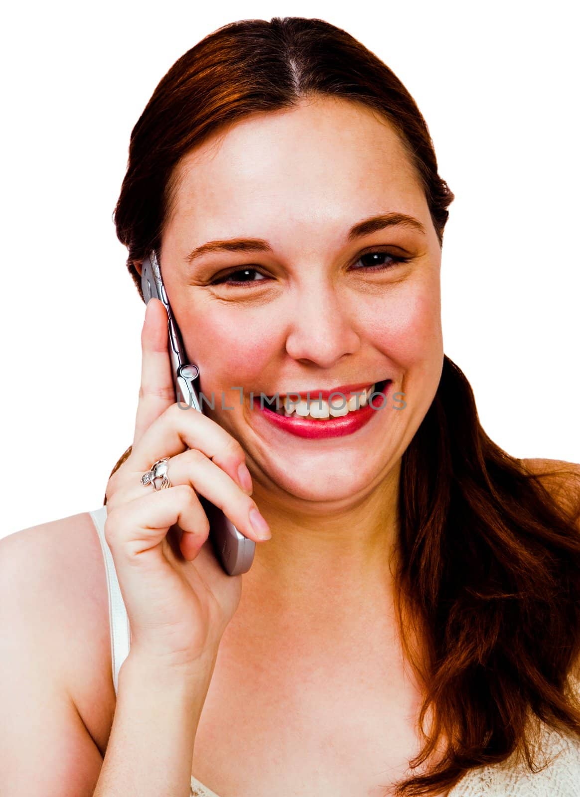 Close-up of a woman talking on a mobile phone isolated over white