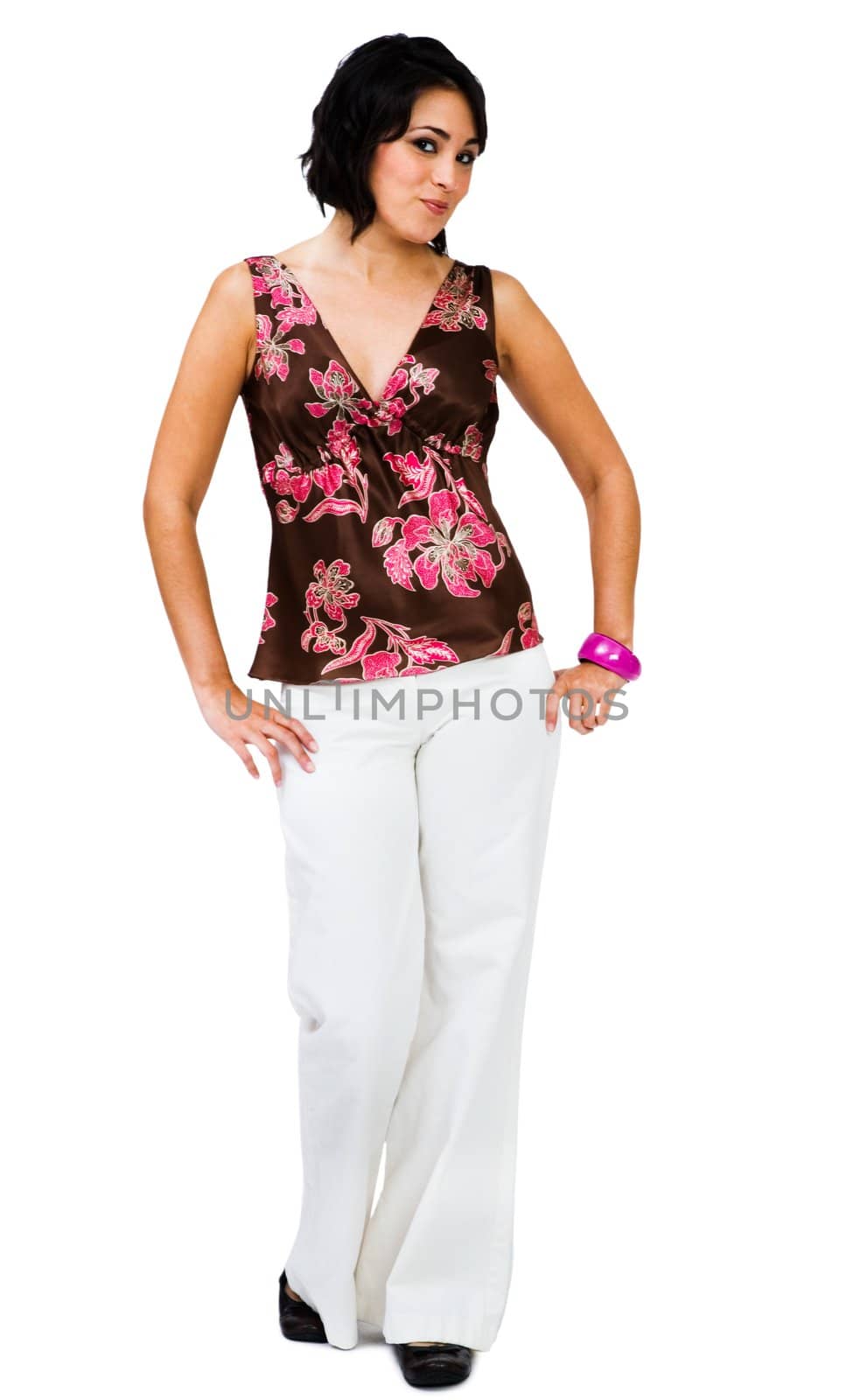 Mixedrace young woman posing and smiling isolated over white