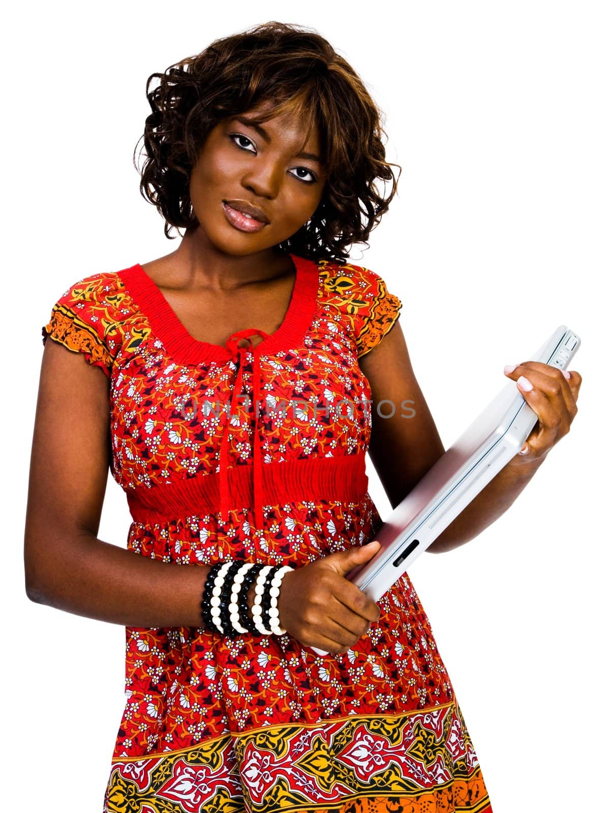 Close-up of a young woman holding a laptop isolated over white