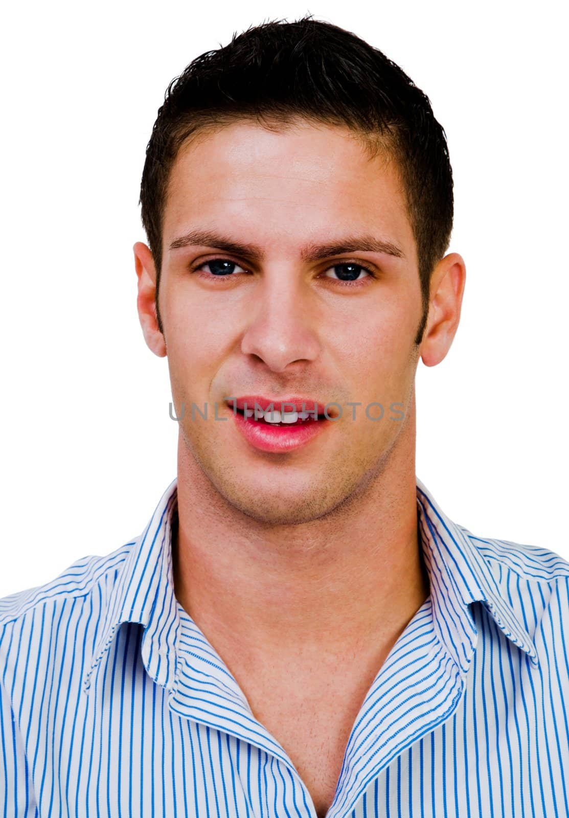 Close-up of a young man smiling and posing isolated over white