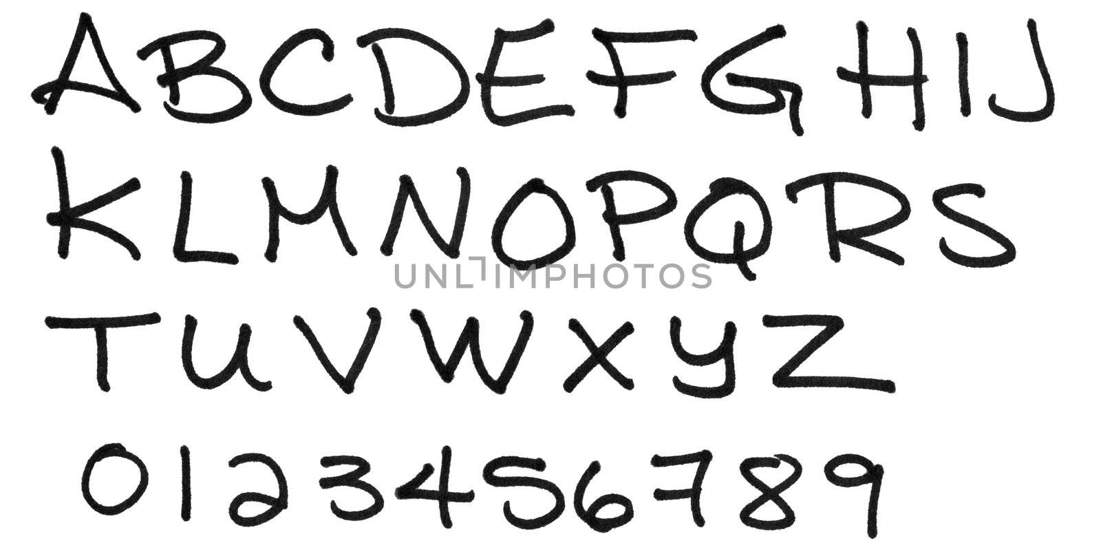 Complete alphabet handwritten in capital letters with numbers, in black ink marker on paper with great material details.