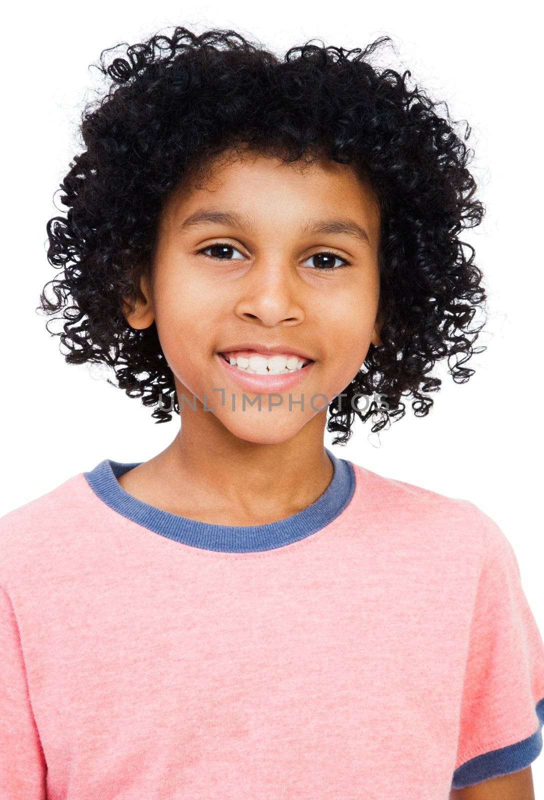 Mixed race boy smiling isolated over white