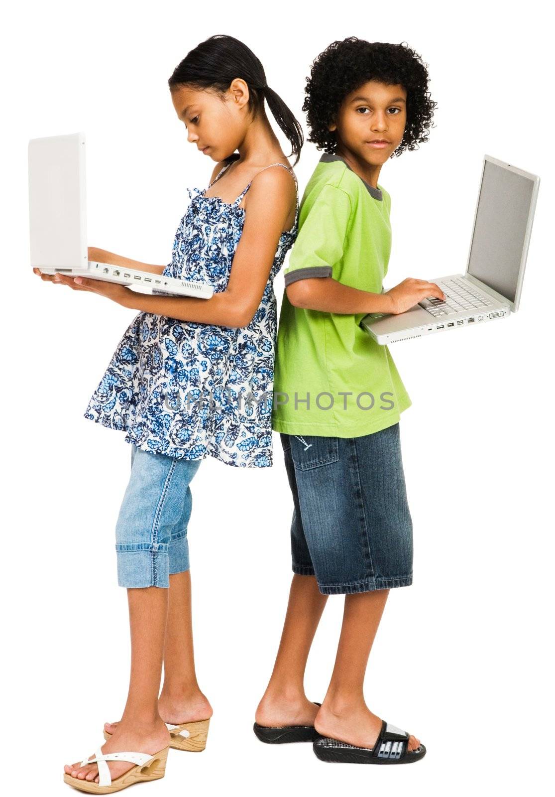 Children using laptops isolated over white