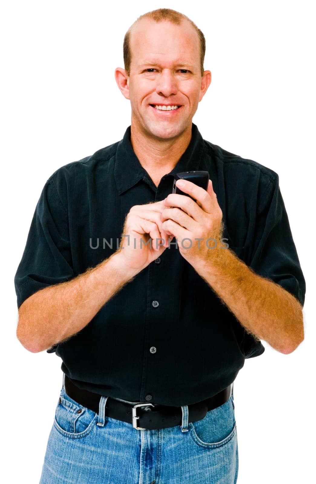 Mature man text messaging on a mobile phone isolated over white